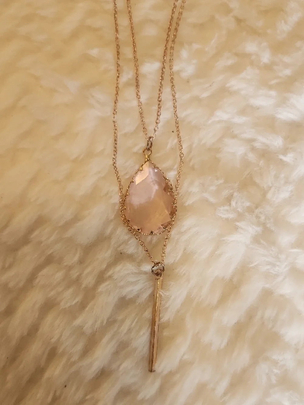 Multi Layered Gold Necklace with Rose Quartz Glass Pendant And Hanging Accent